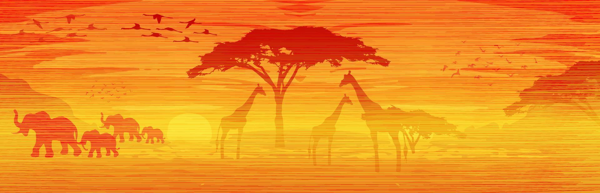 afrikaans savannelandschap bij zonsondergang, silhouetten van dieren en planten, de natuur van afrika. reservaten en nationale parken, oranje vectorbatikachtergrond vector