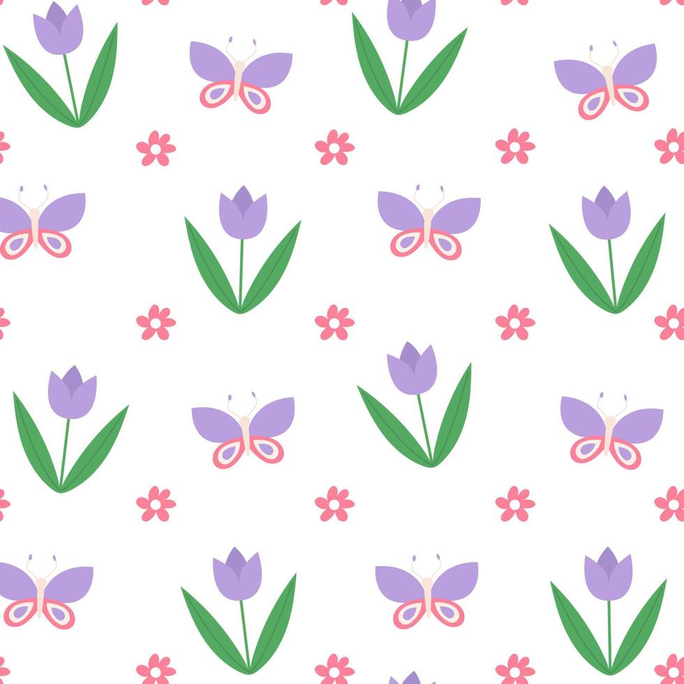 naadloze bloemmotief, lente backdrop.hand getekende patroon ontwerp met bloemen en vlinder op een witte achtergrond. vector