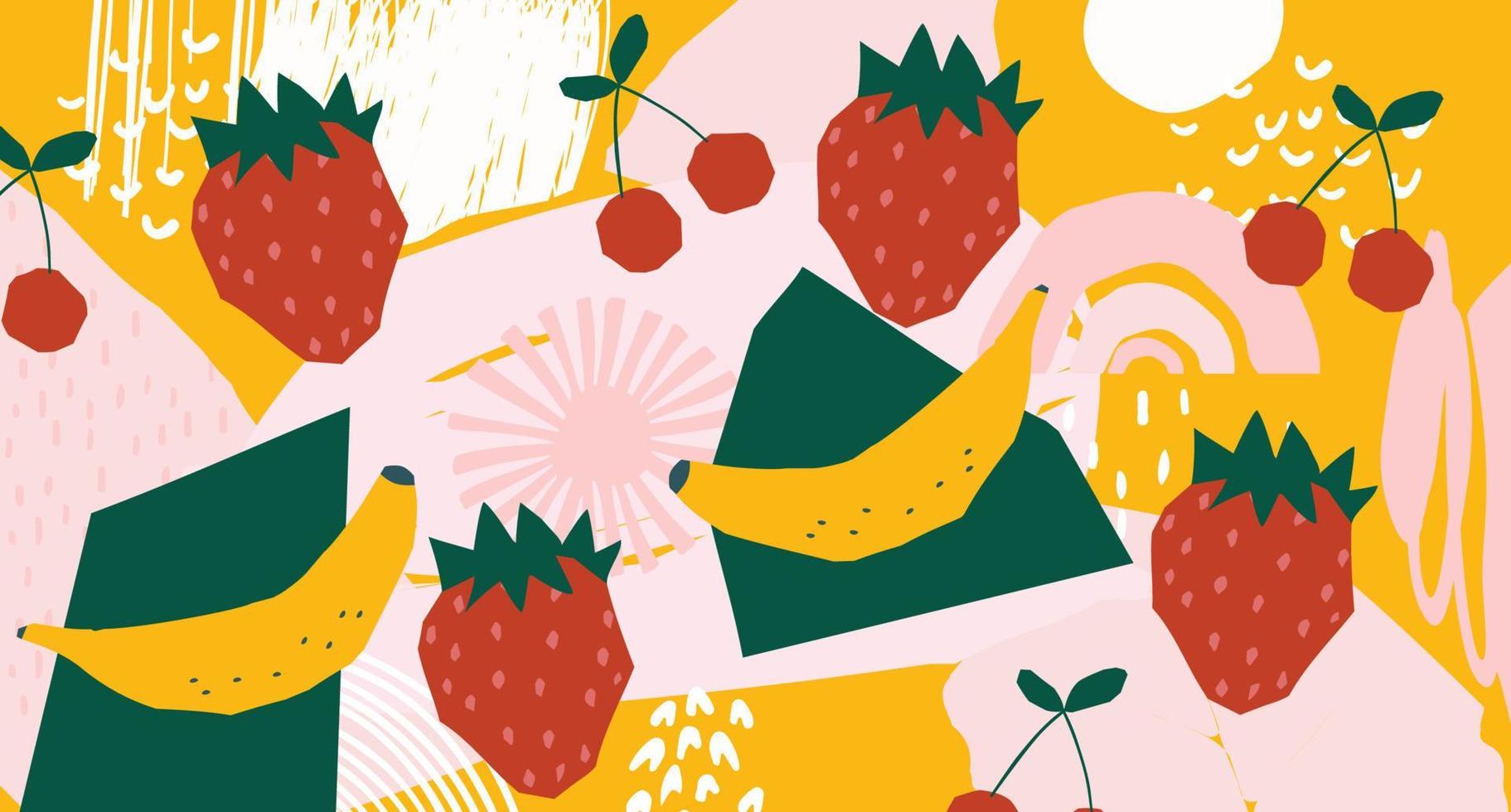 aardbei, banaan, kersenfruit mix poster. zomer tropisch ontwerp met fruit. banner voor bar, cocktail, milkshake poster. ontwerp voor menu, verpakking, stof. gezonde voeding, veganistisch voedselconcept vector