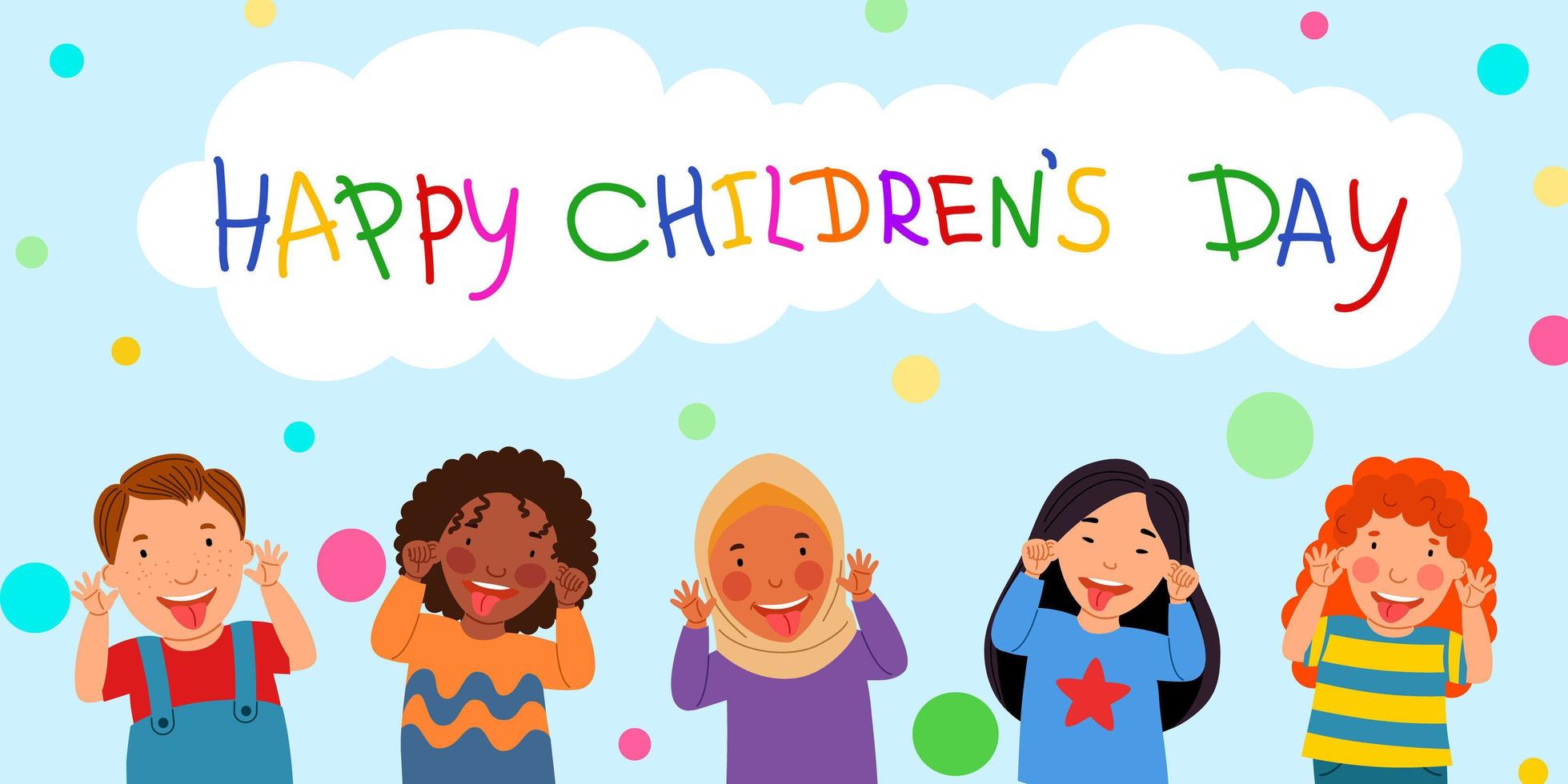 gelukkige kinderen is een dag. een ansichtkaart met kinderen die hun tong laten zien. een wolk met een inscriptie. vector