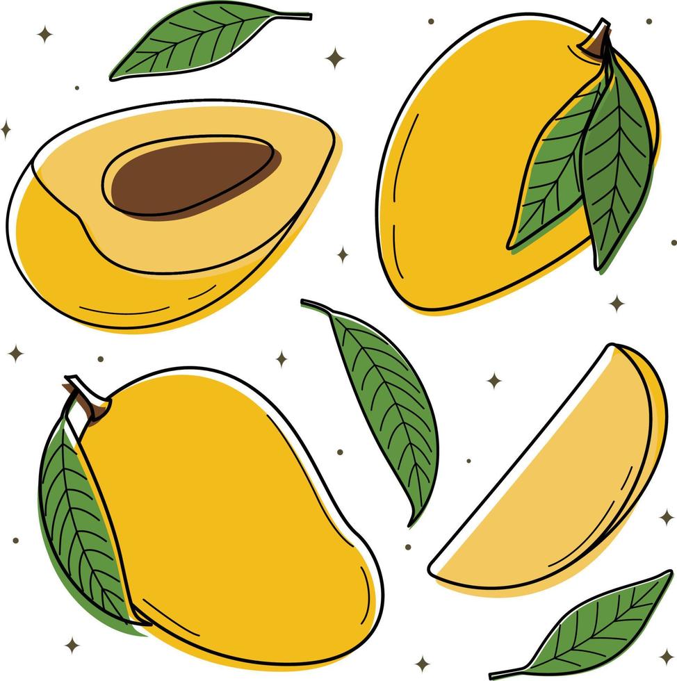vectorillustratie van een zoete mango set. ontwerpelementen voor velen, reclame en covers, kinderboeken, voedsel en voedselillustraties. vector van fruit, bladeren van tuinplanten. dieetvoeding