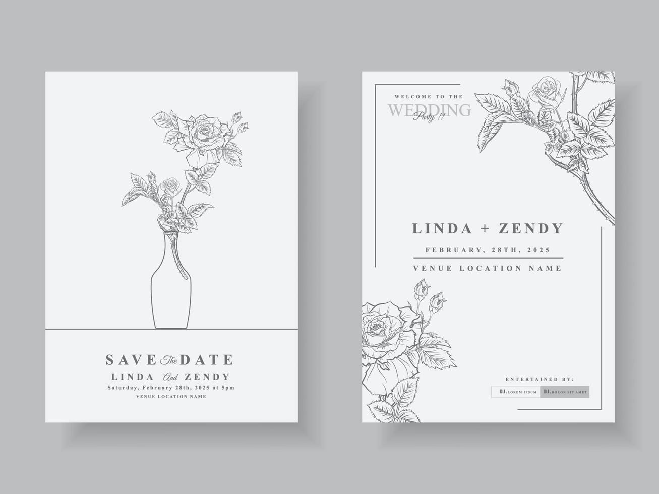 minimalistische huwelijksuitnodiging met bloemenlijntekeningen vector