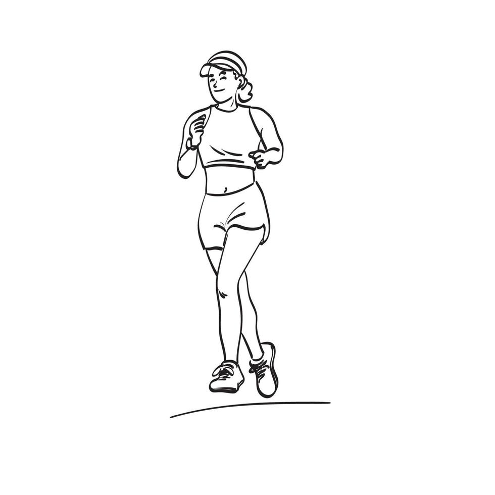 zeer fijne tekeningen jonge fitness vrouw lopende illustratie vector hand getekend geïsoleerd op een witte achtergrond