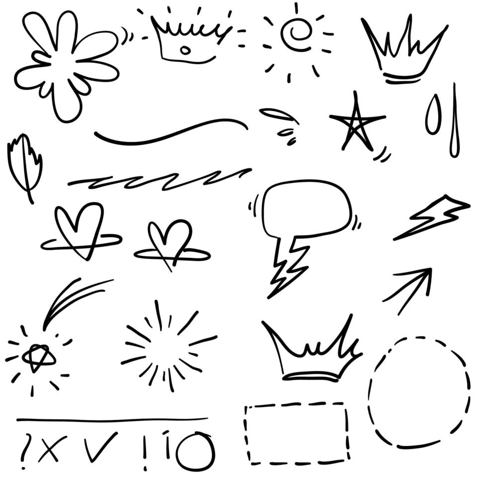 zwiept, duikt, nadrukkrabbels. markeer tekstelementen, kalligrafiewerveling, staart, bloem, hart, graffiti crown.doodle handgetekende stijl vector