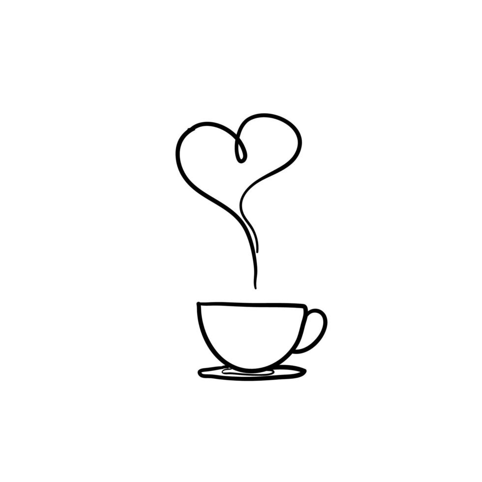 een glas koffie met stoom dat het symbool van liefde vormt, handgetekende doodle stijl vector geïsoleerd op wit