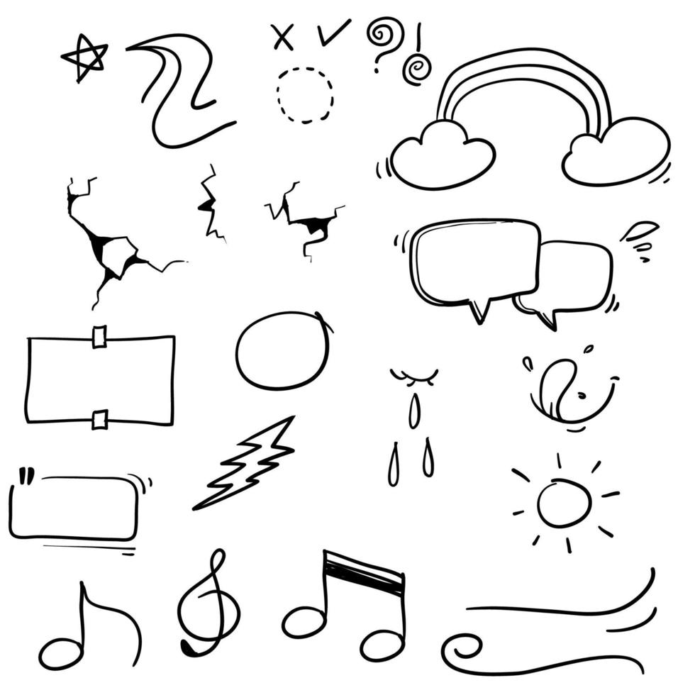 hand getekende ontwerpelementen, tekstballon, ster, zon, licht, vinkjes, regenboog, donder, zwiepen, swoops, nadruk, werveling, hart, op witte achtergrond. doodle vector