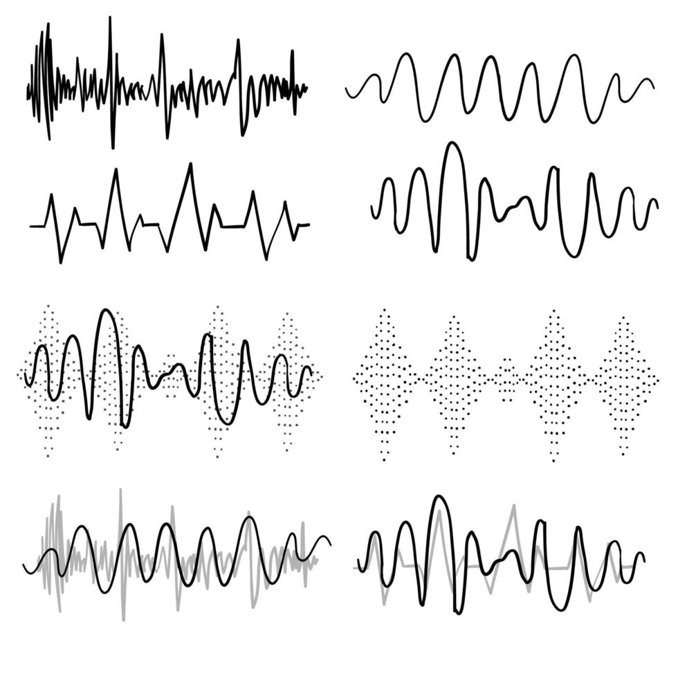 zwarte geluidsgolven. muziek audiofrequentie, stemlijn golfvorm, elektronisch radiosignaal, volumeniveau symbool handgetekende doodle vector