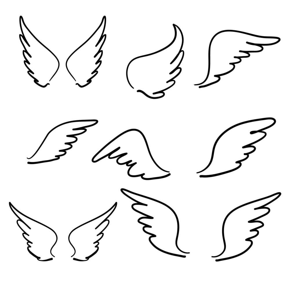 doodle hand getrokken schets engel vleugels. engel veer vleugel, vogel tattoo silhouet. lineaire vliegen gevleugelde engelen, vliegende hemel cartoon vector iconen