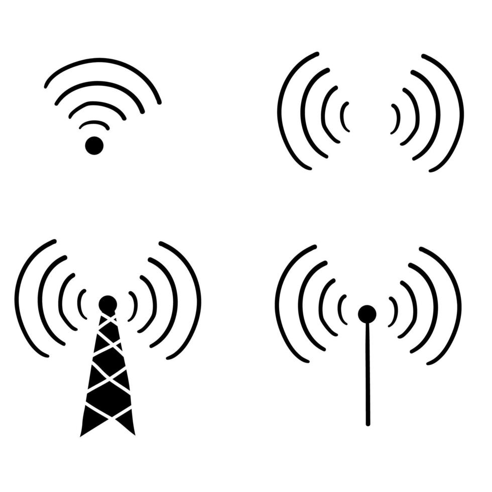 radiosignalen golven en lichtstralen, radar, wifi, antenne en satelliet signaal symbolen handgetekende doodle stijl vector