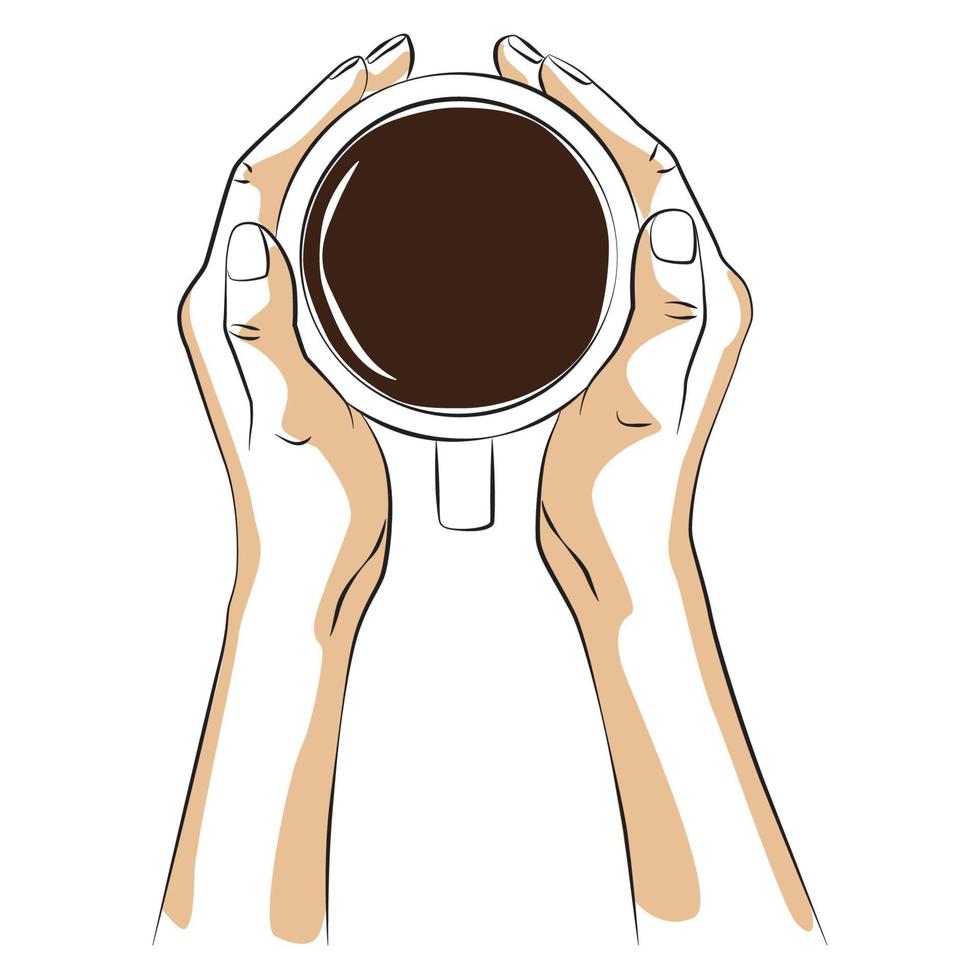 schets de hand van een vrouw met een kopje koffie vector