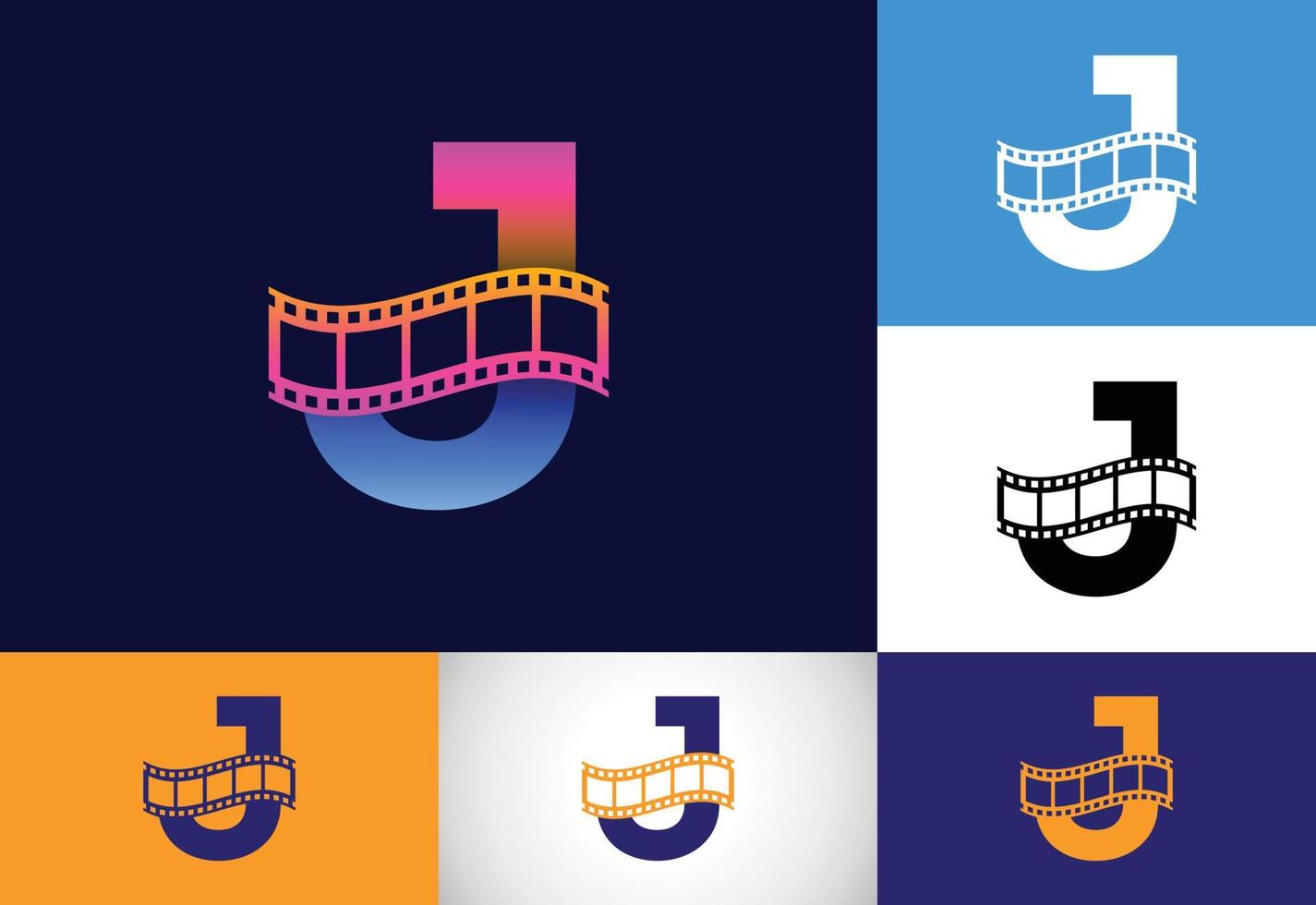 eerste j monogram alfabet verwerkt met filmrol. video en film logo concept. lettertype embleem. logo voor de entertainmentbusiness en bedrijfsidentiteit vector