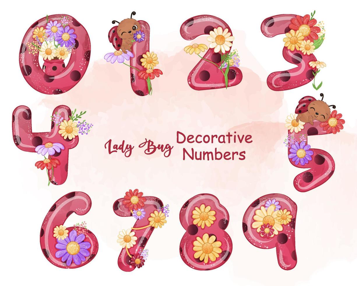 schattige lieveheersbeestje en bloemen decoratieve nummers vector