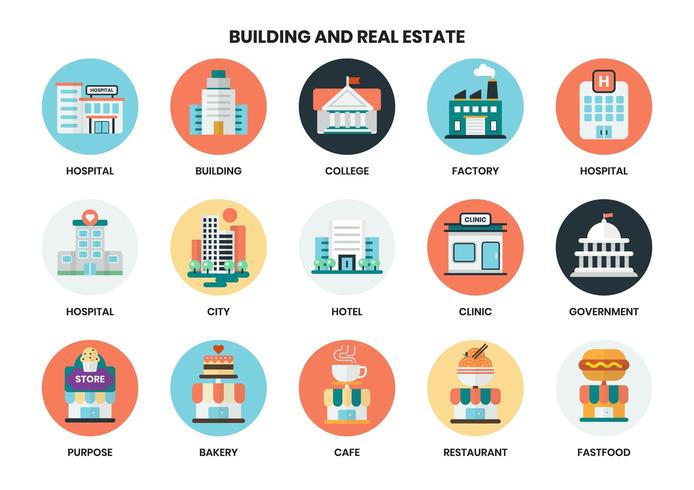 Circulaire gebouw pictogrammen instellen voor het bedrijfsleven vector