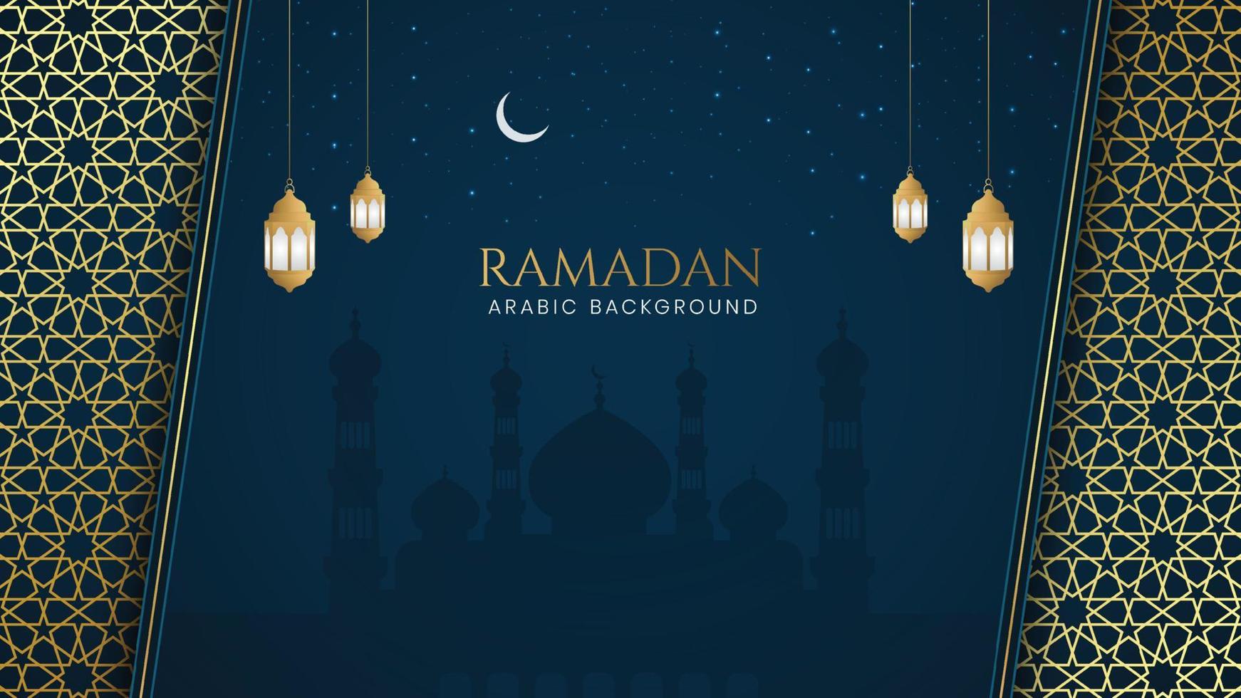 ramadan islamitische decoratieve achtergrond met arabisch patroon en moskee met lantaarns vector