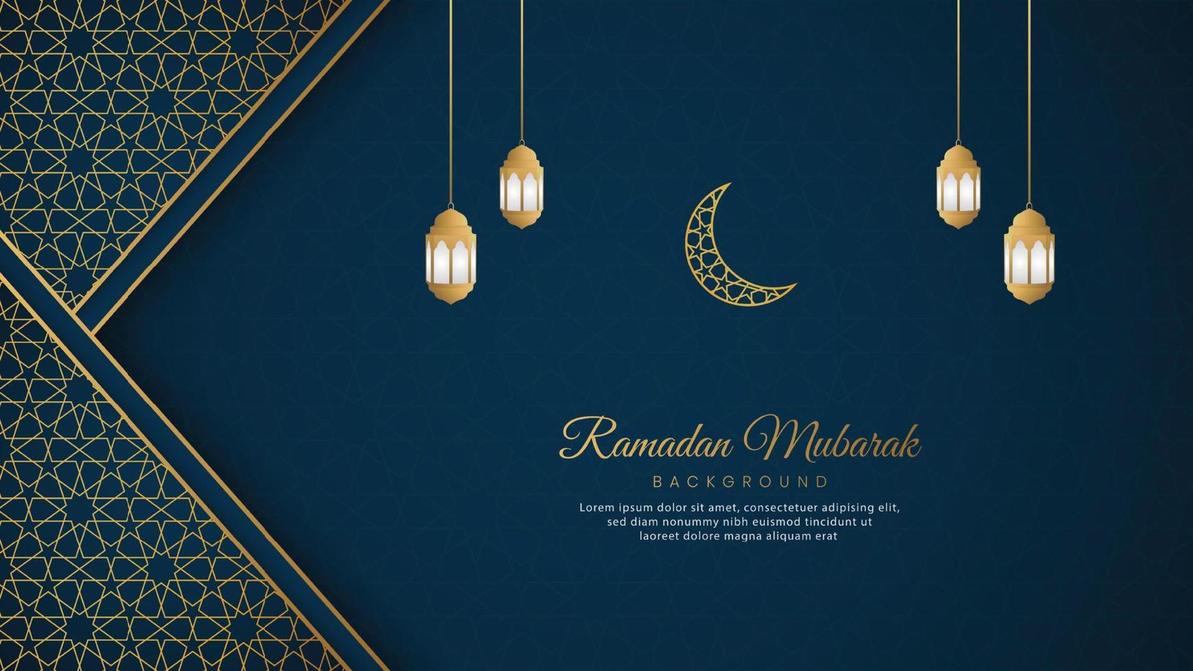 ramadan mubarak islamitische arabische blauwe luxe achtergrond met gouden patroon grenskader vector