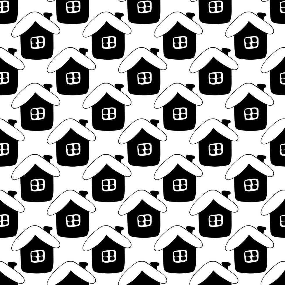 hutten huizen naadloze patroon hand getrokken doodle. , minimalisme, zwart-wit. textiel, inpakpapier, behang wintersprookjesdorp vector