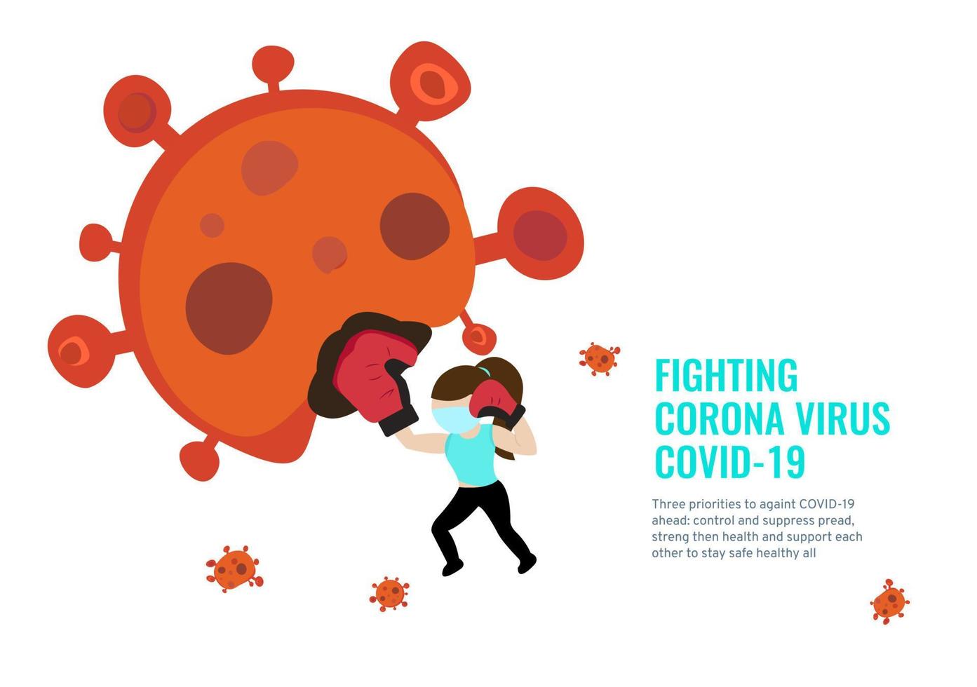 een krachtig meisje draagt een medisch masker met een bovenste uitgesneden geslagen corona-virusbalvector vector