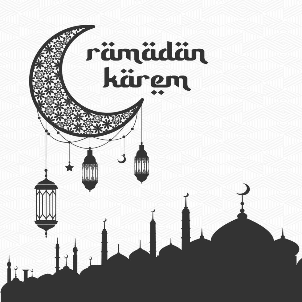 vectorillustratie, moskeeontwerp, maan en lantaarns, ramadan karem decoratie silhouetsjabloon vector