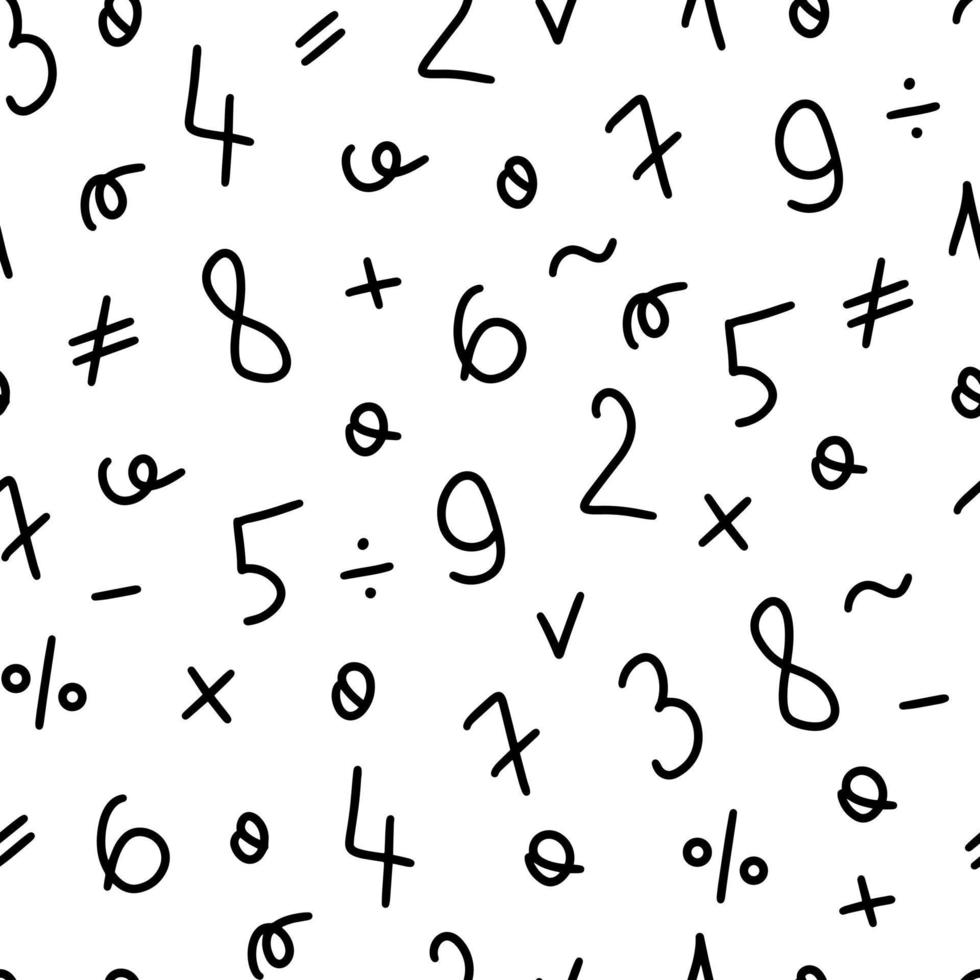 abstracte tekening van Arabische cijfers en verschillende rekenkundige tekens in zwart op een witte achtergrond. vector abstracte naadloze patroon met hand getrokken ronde nummers gemaakt met een borstel.