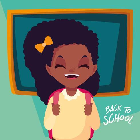 schattig klein student meisje in poster terug naar school vector