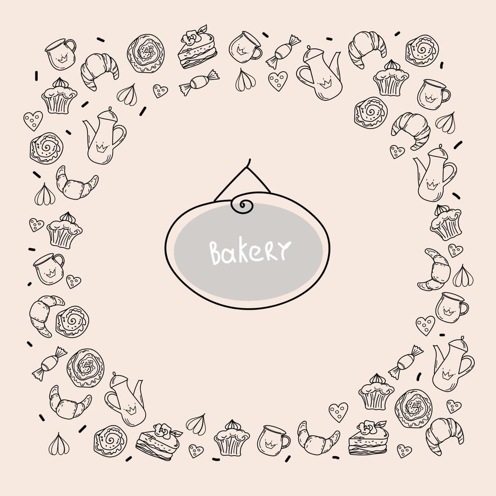 handgetekende set bakkerij- en bakelementen, doodle schetsstijlontwerp. vector