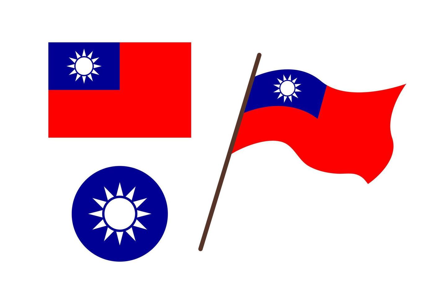 Taiwan symbolen geïsoleerd. vector rode vlag en blauw embleem met witte zonvorm. wapperende vlag van de republiek van china, taiwan. platte illustratie