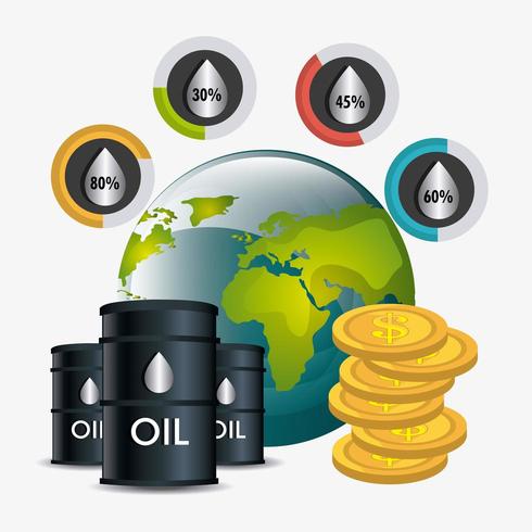 Olieprijzen met vaten, wereldbol en stapel munten vector