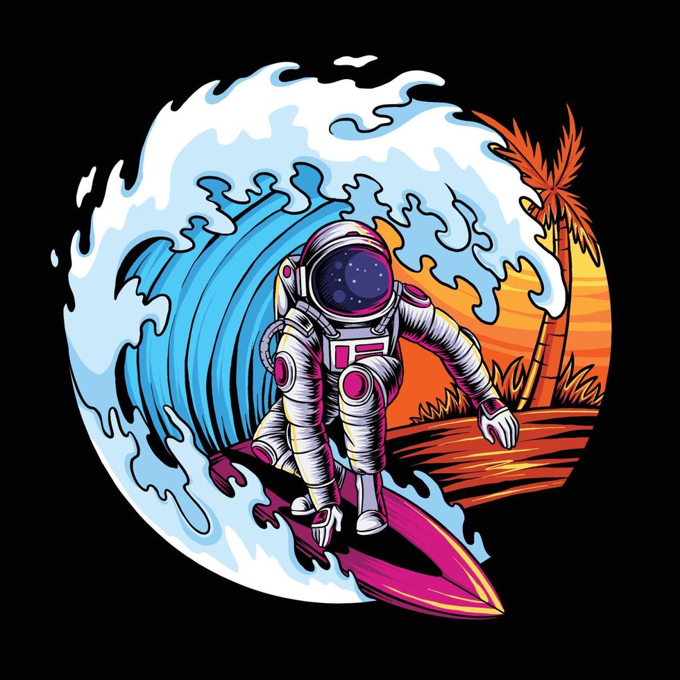 zomer astronaut surfen in de ruimte strand golven vector