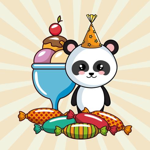 gelukkige verjaardagskaart met panda beer en traktaties vector