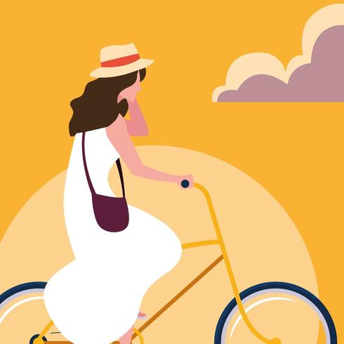 jonge vrouw rijdt op fiets met hemelsinaasappel vector