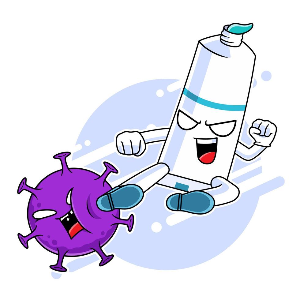 tandpasta mascotte karakter schoppen corona virus, strijd tegen virus concept vector
