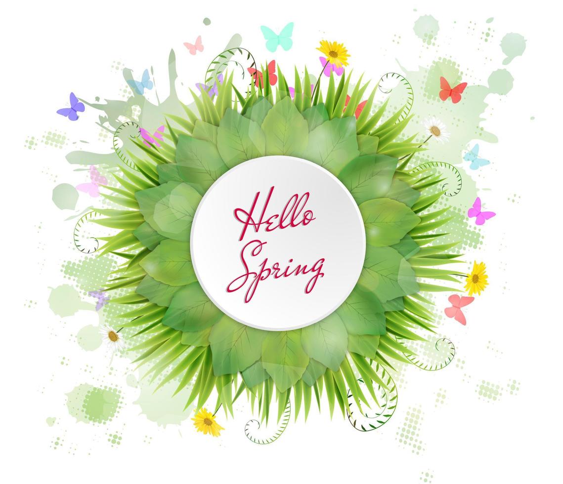 cirkelframe met tekst hallo lente en bloemen vector