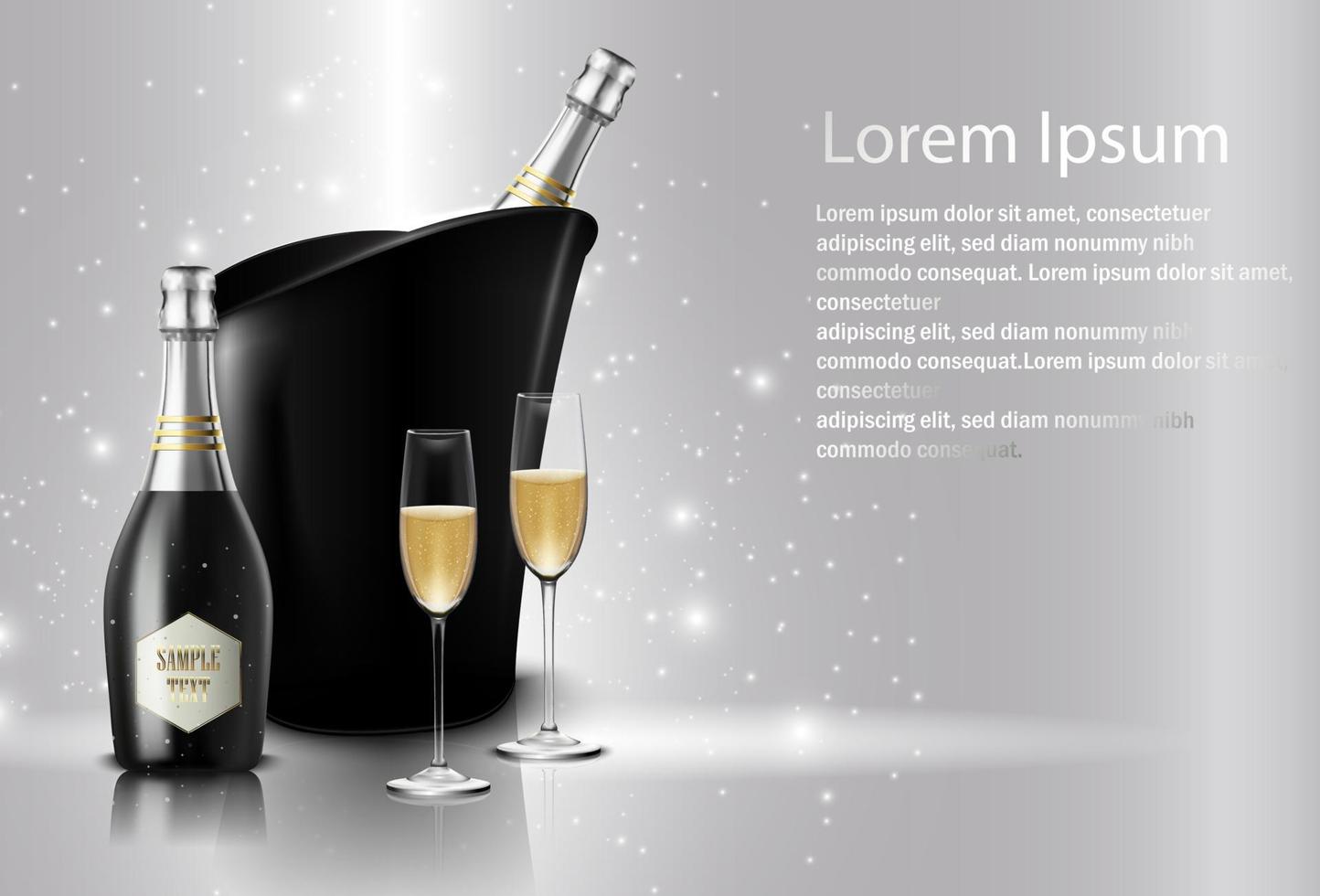 vectorillustratie van wijnglas met zwarte wijnflessen champagne in een emmer vector