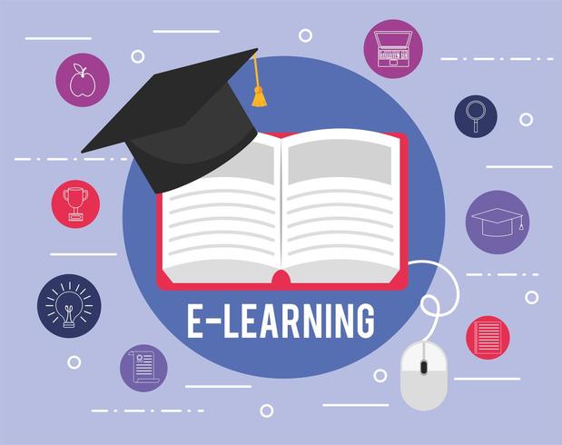 e-learning educatief boek met afstuderen cap en pictogrammen vector
