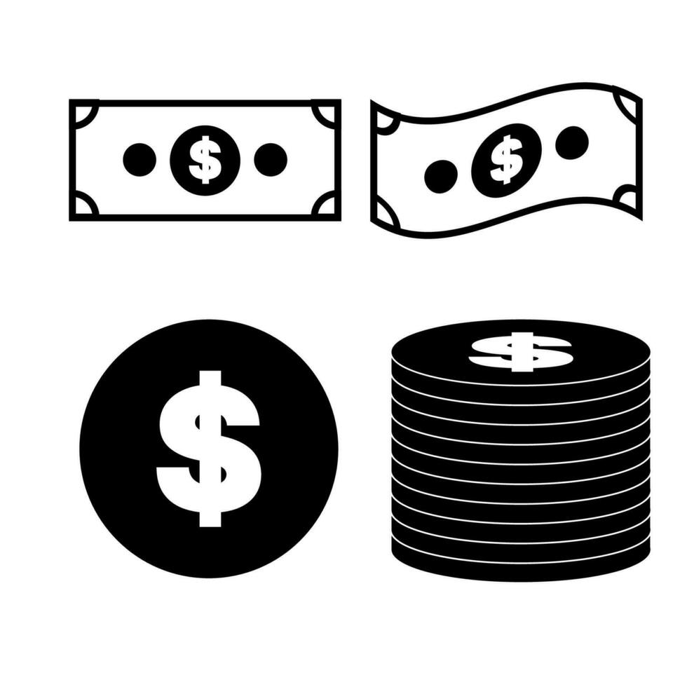 geld en munt pictogrammenset in zwart-witte kleur. vector illustratie