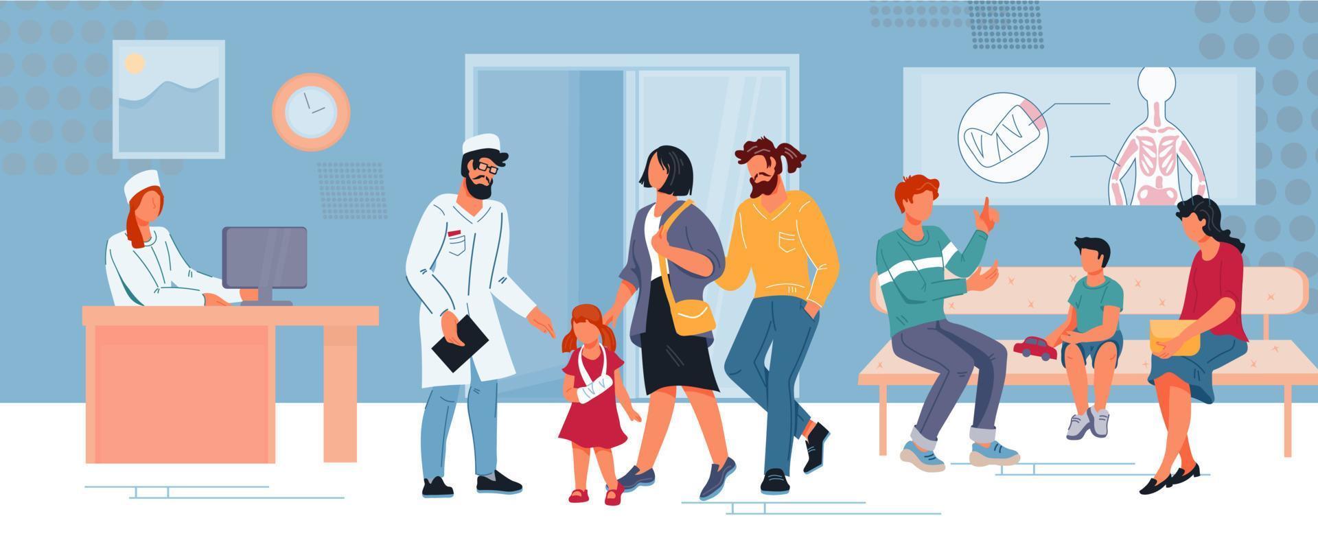 kinderen orthopedie of chirurgie afdeling ziekenhuis of kliniek banner met arts en gewonde kleine patiënt. kinderen geneeskunde en medische verzekering concept. familie gezondheidszorg. platte vectorillustratie. vector