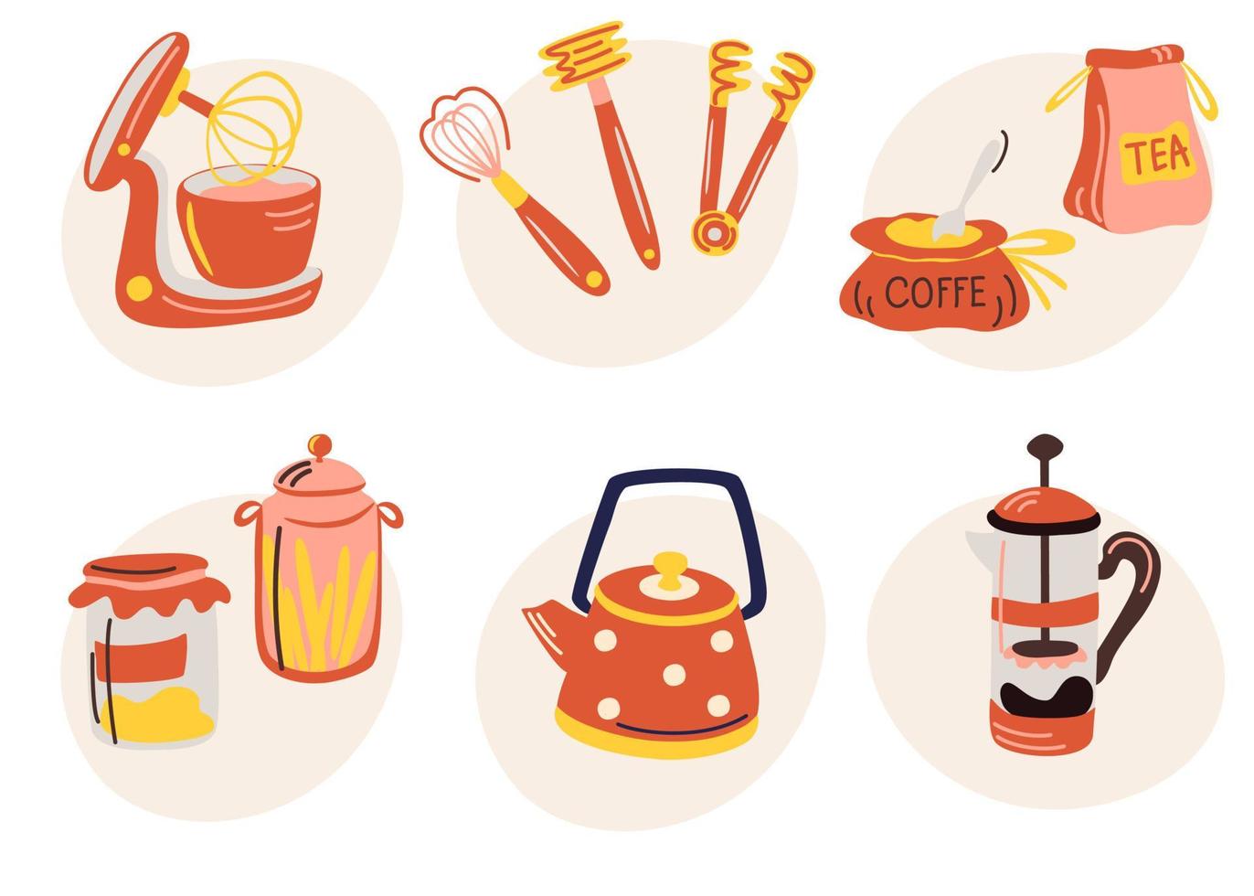 keuken elementen. kookgereedschap icoon. spatels, theepot, koffie en thee, french press. vectorillustratie cartoon geïsoleerd op de witte achtergrond. vector