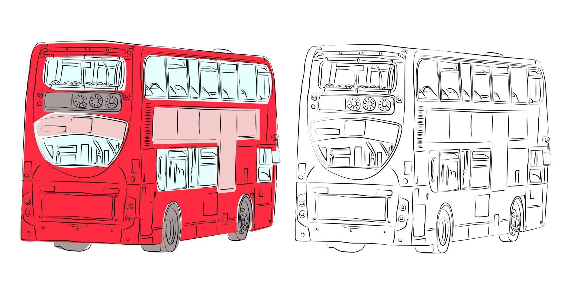 londen dubbeldekker moderne bus in rood en potloodtekening met achteraanzicht. rode bus. vector