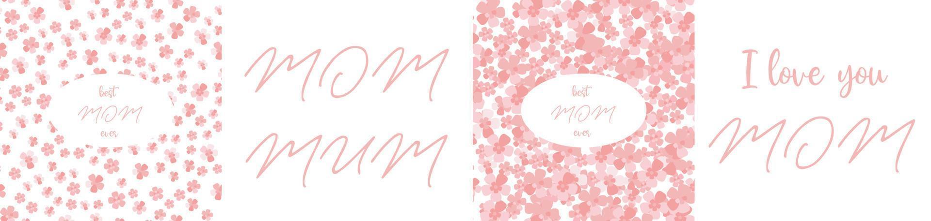 pastelroze set sakura-achtergronden en mama-citaten. vector kersen naadloos patroon met mama liefde citaten