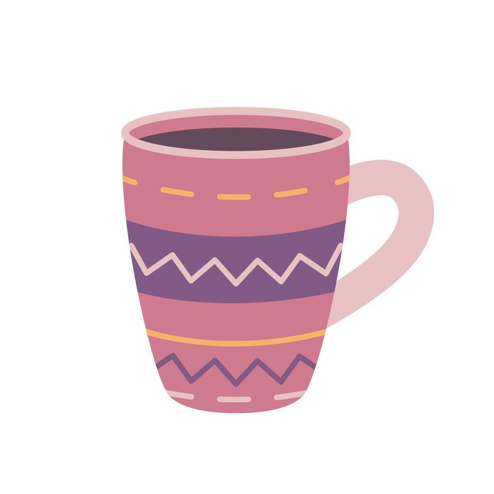 roze mok met koffie of thee versierd met patronen, vectorillustratie in vlakke stijl vector