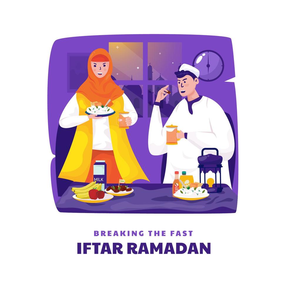 plat ontwerp van een moslimfamilie die het concept van vasten of iftar ramadan doorbreekt vector