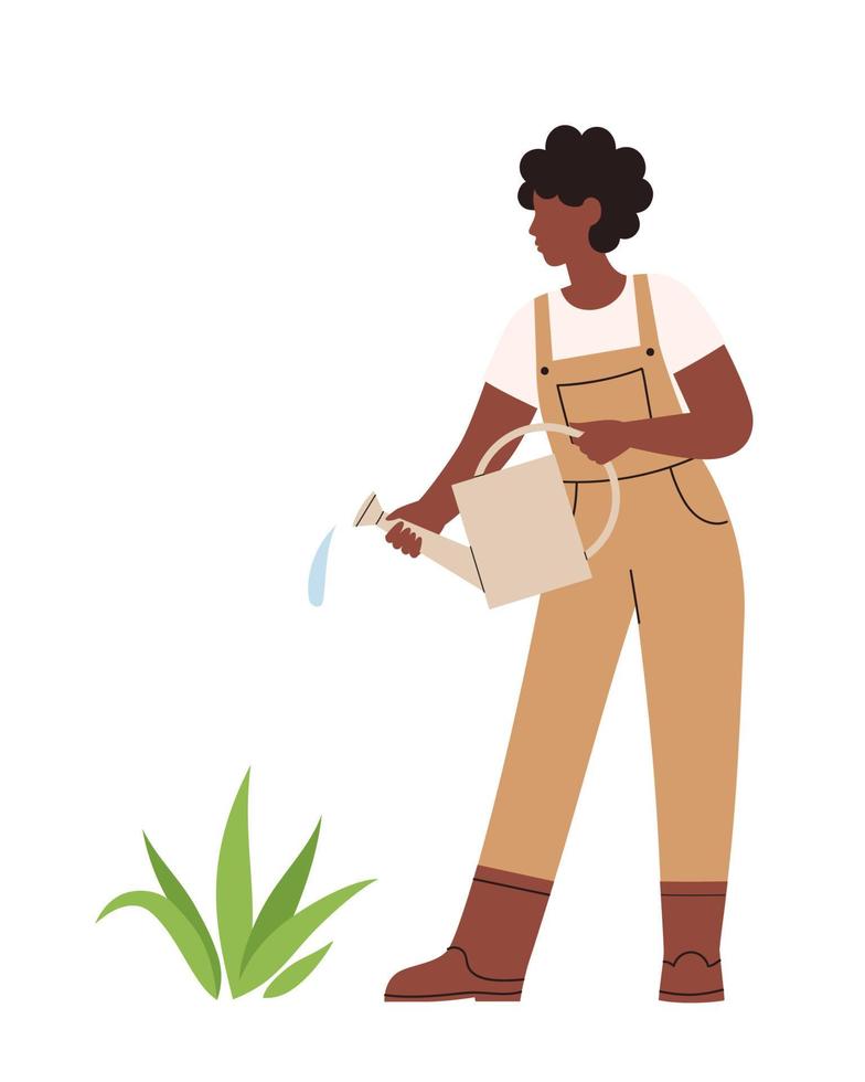 vrouw die een plant water geeft. vrouw tuinders of boer. tuinieren. platte vectorillustratie vector