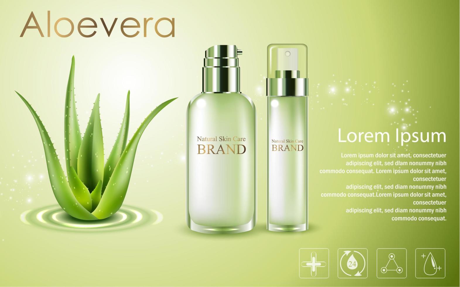 vectorillustratie van aloevera cosmetische advertenties, groene spuitflessen met aloevera vector