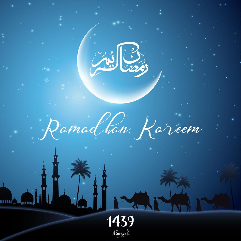 ramadan kareem met wandelende kameelcaravan 's nachts dag vector
