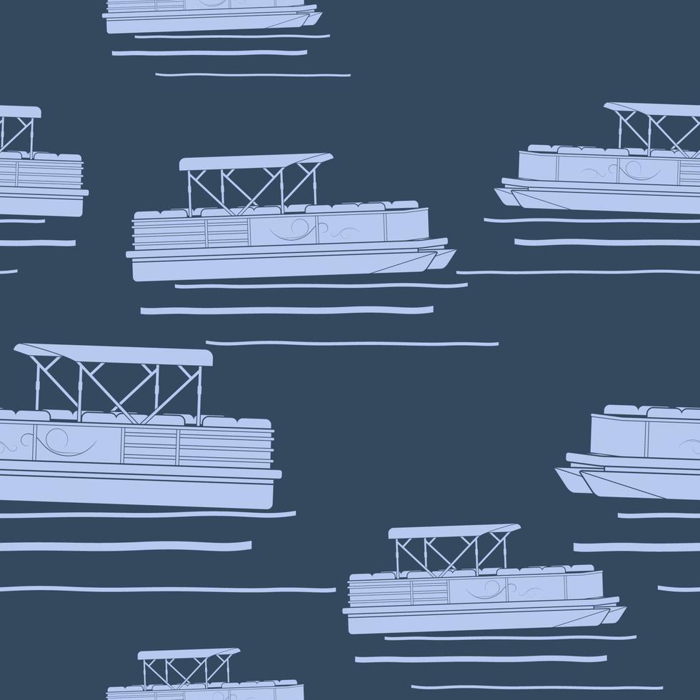 bewerkbare platte monochrome semi-schuine zijaanzicht ponton boot vectorillustratie met donkere achtergrond als naadloos patroon voor het creëren van achtergrond van transport of recreatie gerelateerd ontwerp vector