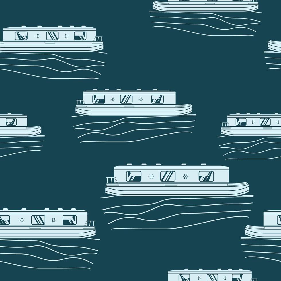bewerkbare vlakke stijl zijaanzicht kanaalboot vectorillustratie met donkere achtergrond als naadloos patroon voor het creëren van achtergrond van transport of recreatie van het Verenigd Koninkrijk of Europa gerelateerd ontwerp vector