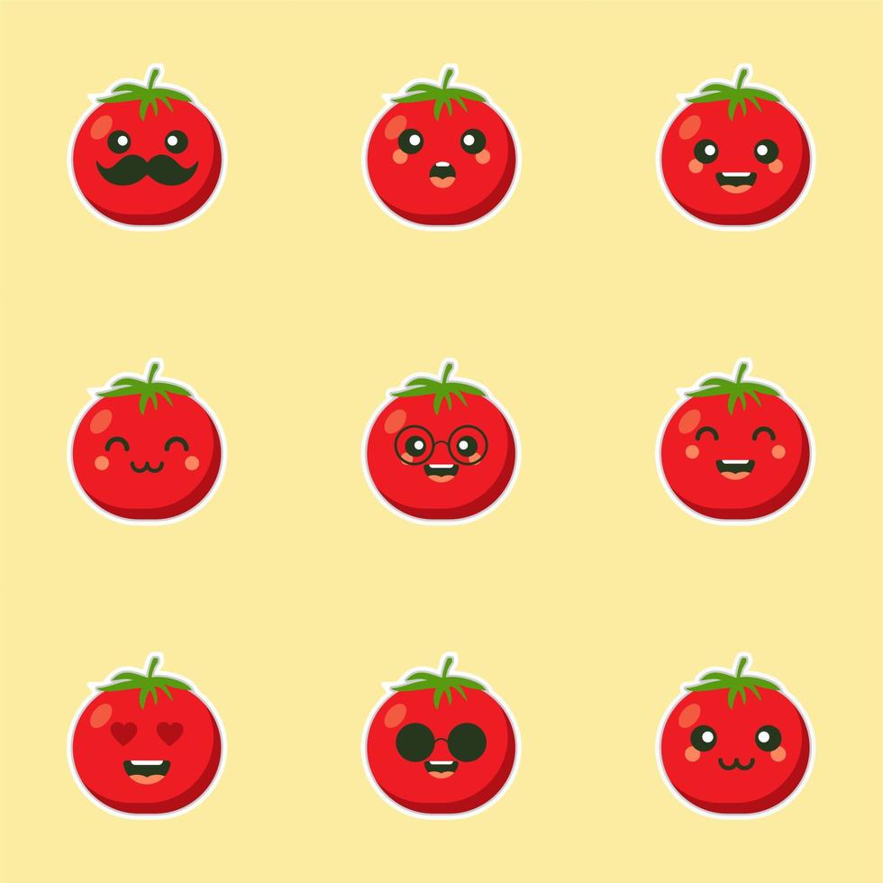 schattig en kawaii tomaat karakter platte ontwerp vectorillustratie. gelukkige plantaardige vectorillustratie... groen voedsel, kan worden gebruikt in restaurantmenu, kookboeken en biologisch boerderijlabel vector