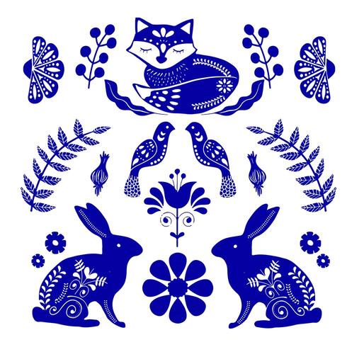 Scandinavisch volkskunstpatroon met konijntjes, vossen en bloemen vector