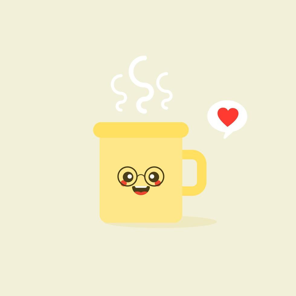 cup kawaii emoji met wangen en ogen. gekleurde mooie doodle kopjes karakter in platte ontwerpen met schattige cartoon gezichten. warme koffie en thee. vectorillustratie. vector