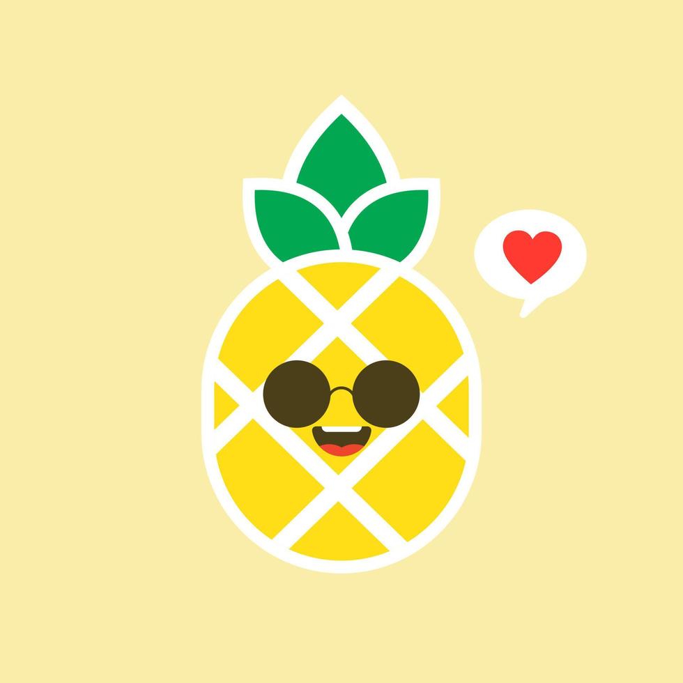gelukkig ananas fruit met schattig kawaii gezicht, grappig veggie karakter met zin, vlakke stijl illustratie voor kid poster en zomer t-shirt design, geïsoleerd op een achtergrond in kleur vector